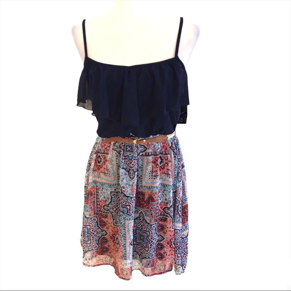 NWT BCX Sleeveless Ruffled Solid Top Jumper Dress with Braided Belt S